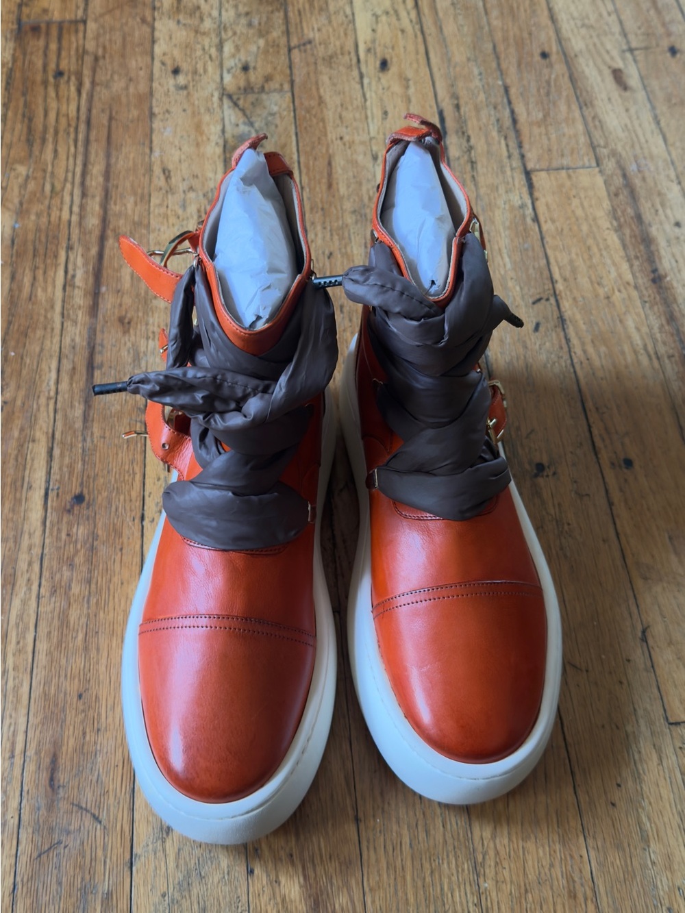 Orange Leather High-Top Sneakers with Brown Wrap Laces